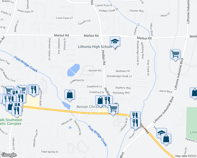 map of restaurants, bars, coffee shops, grocery stores, and more near 6027 Creekford Drive in Lithonia