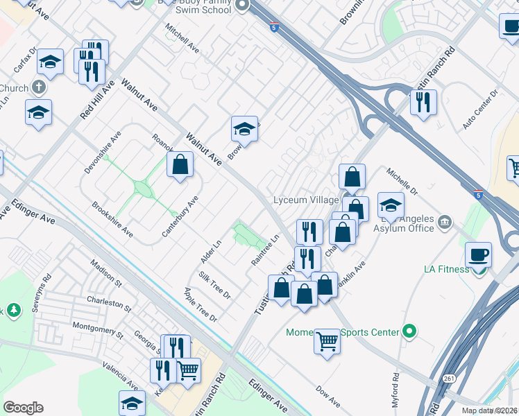 map of restaurants, bars, coffee shops, grocery stores, and more near 2202 Cedar Lane in Tustin