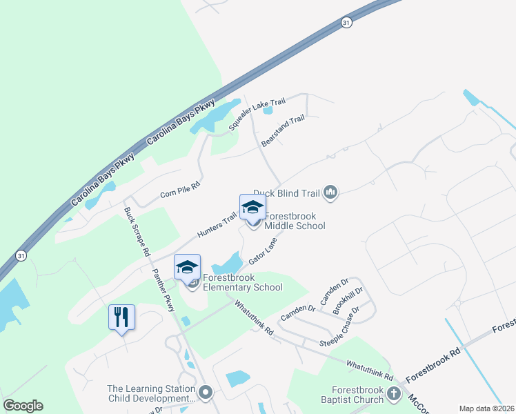 map of restaurants, bars, coffee shops, grocery stores, and more near 2455 Hunters Trail in Myrtle Beach