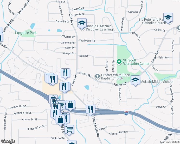 map of restaurants, bars, coffee shops, grocery stores, and more near 2066 Tilson Rd in Decatur