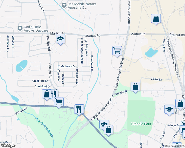 map of restaurants, bars, coffee shops, grocery stores, and more near 6454 Stonebridge Creek Lane in Lithonia