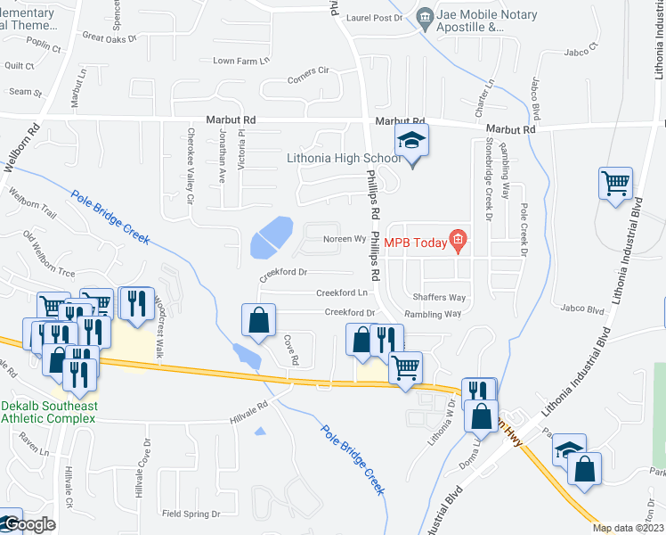 map of restaurants, bars, coffee shops, grocery stores, and more near 6053 Creekford Drive in Lithonia