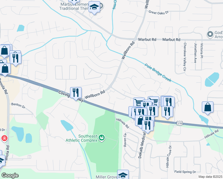 map of restaurants, bars, coffee shops, grocery stores, and more near 2314 Wellborn Road in Lithonia