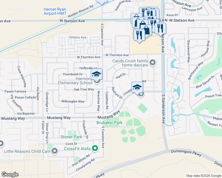 map of restaurants, bars, coffee shops, grocery stores, and more near 1555 Rexford Drive in Hemet