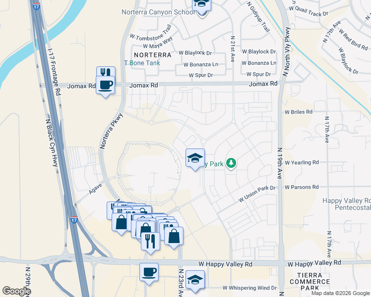 map of restaurants, bars, coffee shops, grocery stores, and more near 1 N Norterra Pkwy in Phoenix