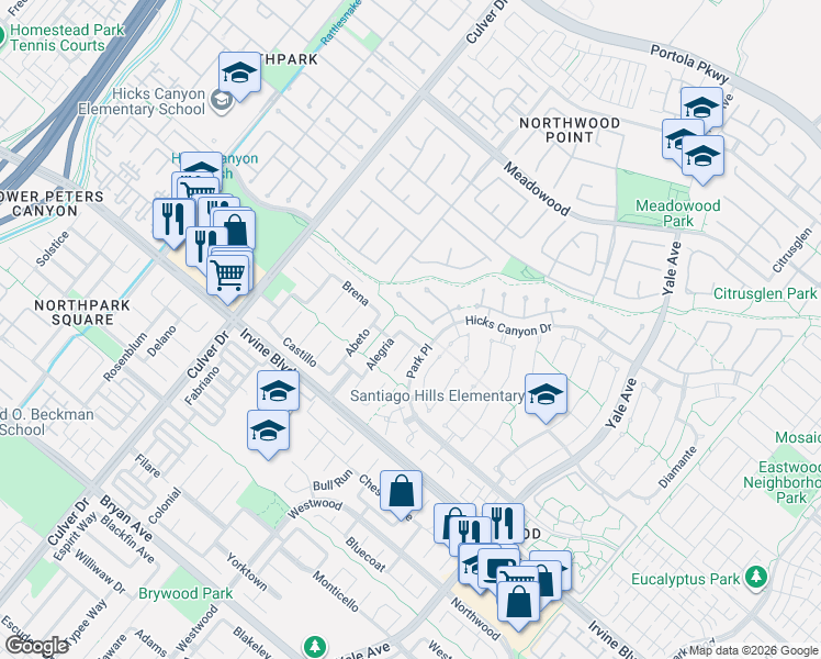 map of restaurants, bars, coffee shops, grocery stores, and more near 3 Urbino in Irvine