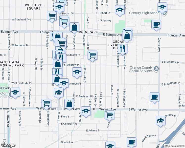 map of restaurants, bars, coffee shops, grocery stores, and more near 2022 Oak Street in Santa Ana