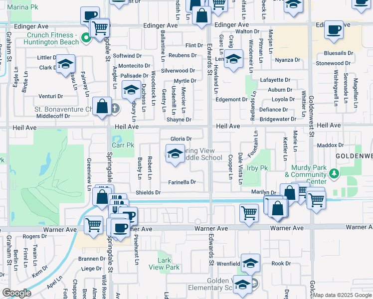 map of restaurants, bars, coffee shops, grocery stores, and more near 6392 Gloria Drive in Huntington Beach