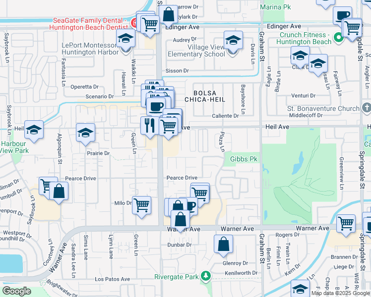 map of restaurants, bars, coffee shops, grocery stores, and more near 16572 Regina Circle in Huntington Beach