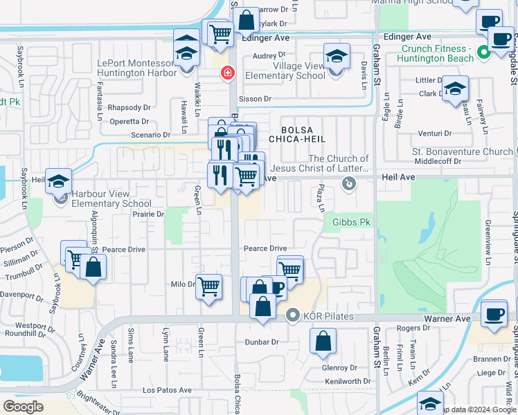 map of restaurants, bars, coffee shops, grocery stores, and more near 16572 Regina Circle in Huntington Beach