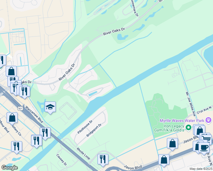 map of restaurants, bars, coffee shops, grocery stores, and more near 13 Waterway Village Boulevard in Myrtle Beach