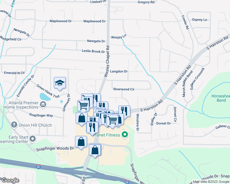 map of restaurants, bars, coffee shops, grocery stores, and more near 4701 Riverwood Circle in Decatur