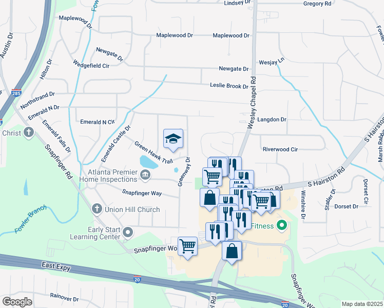 map of restaurants, bars, coffee shops, grocery stores, and more near 2300 Greenway Drive in Decatur