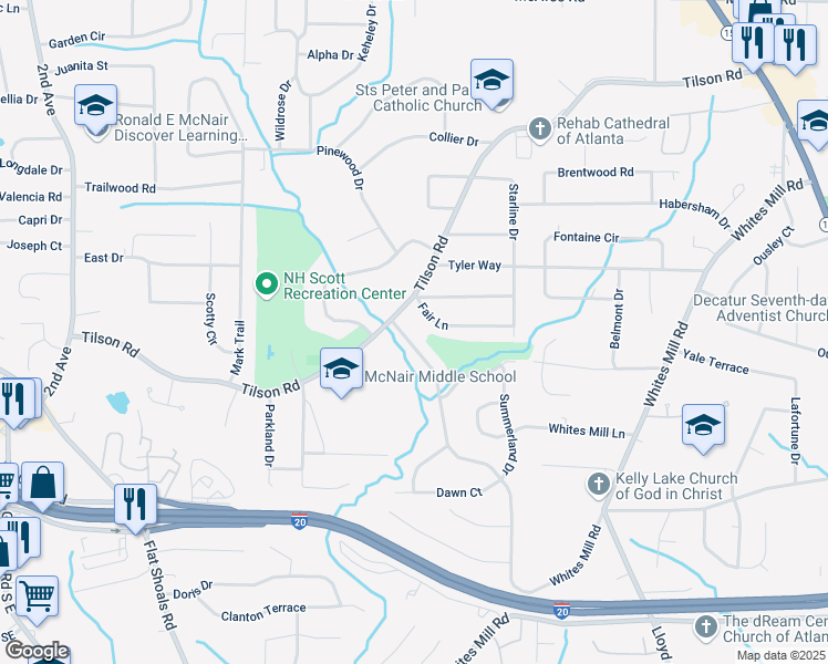 map of restaurants, bars, coffee shops, grocery stores, and more near 2340 Dawn Drive in Decatur