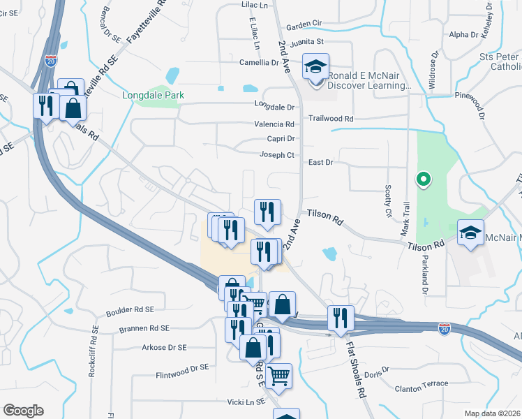 map of restaurants, bars, coffee shops, grocery stores, and more near 1933 Shawn Wayne Circle Southeast in Atlanta