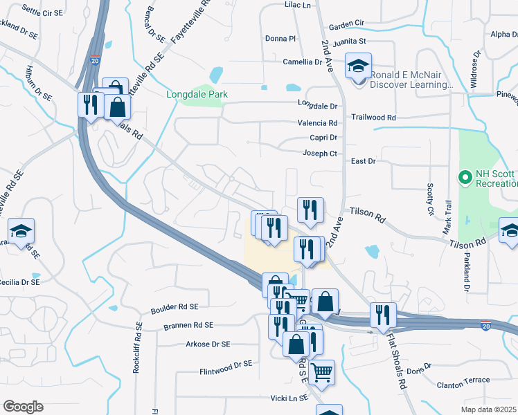 map of restaurants, bars, coffee shops, grocery stores, and more near 1893 South Hampton Lane Southeast in Atlanta