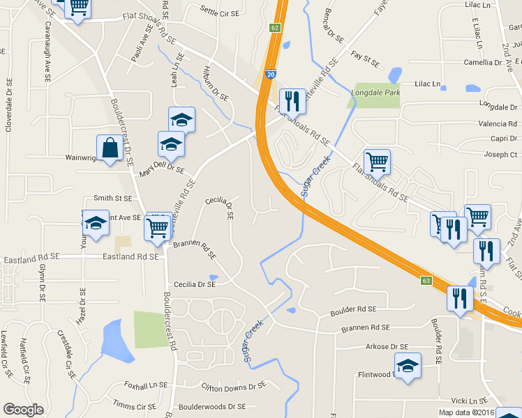 map of restaurants, bars, coffee shops, grocery stores, and more near 2431 Charleston Pointe Court Southeast in Atlanta