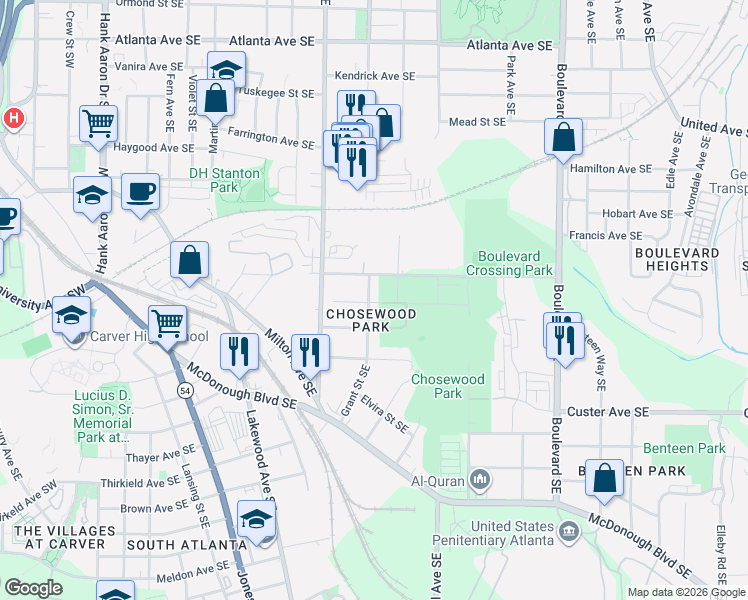 map of restaurants, bars, coffee shops, grocery stores, and more near 1212 Grant Street Southeast in Atlanta