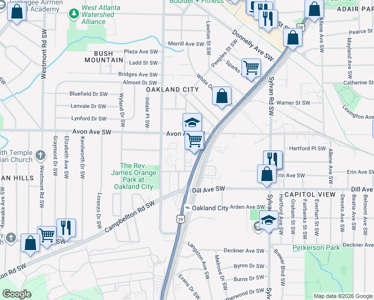map of restaurants, bars, coffee shops, grocery stores, and more near 1240 Princess Avenue Southwest in Atlanta