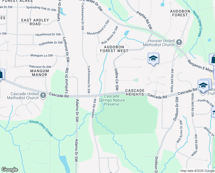 map of restaurants, bars, coffee shops, grocery stores, and more near 1260 Shore Drive Southwest in Atlanta