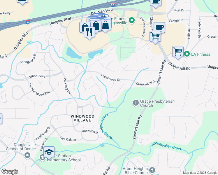 map of restaurants, bars, coffee shops, grocery stores, and more near 8608 Creekview Court in Douglasville
