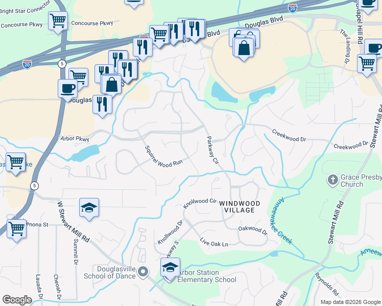 map of restaurants, bars, coffee shops, grocery stores, and more near 9704 Squirrel Wood Run in Douglasville