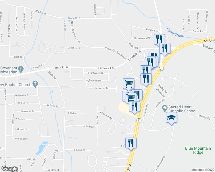 map of restaurants, bars, coffee shops, grocery stores, and more near 513 Lenwood Drive in Anniston