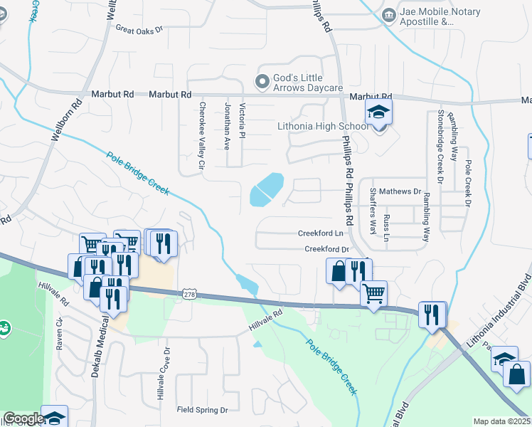 map of restaurants, bars, coffee shops, grocery stores, and more near 6125 Creekford Drive in Lithonia