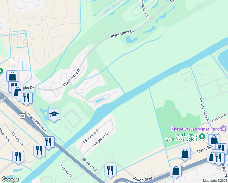 map of restaurants, bars, coffee shops, grocery stores, and more near 13 Waterway Village Boulevard in Myrtle Beach