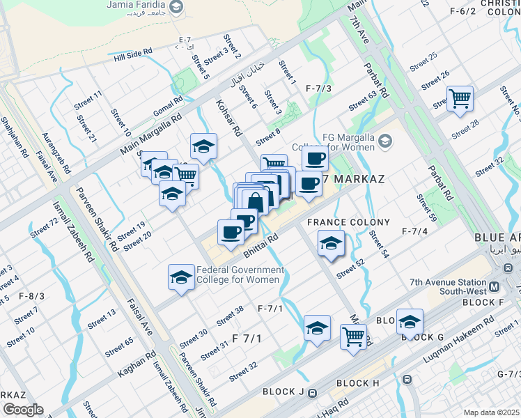 map of restaurants, bars, coffee shops, grocery stores, and more near F7 College Road in Islamabad