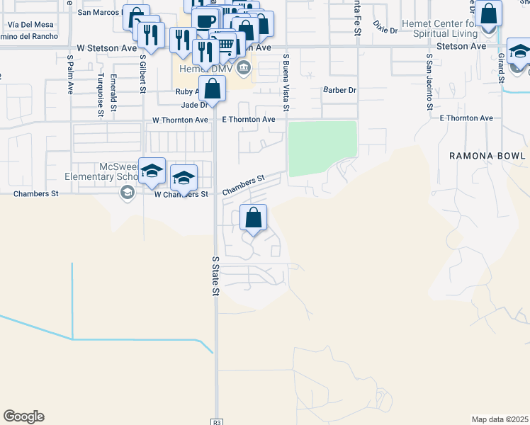map of restaurants, bars, coffee shops, grocery stores, and more near 1536 South State Street in Hemet