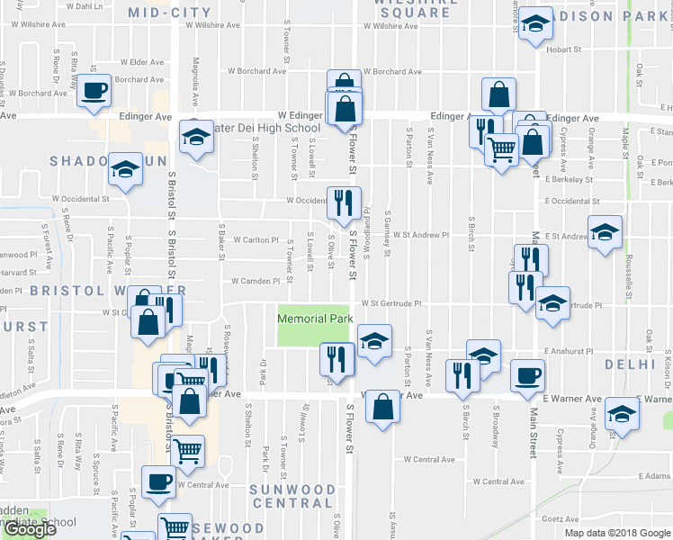 map of restaurants, bars, coffee shops, grocery stores, and more near 2043 South Olive Street in Santa Ana