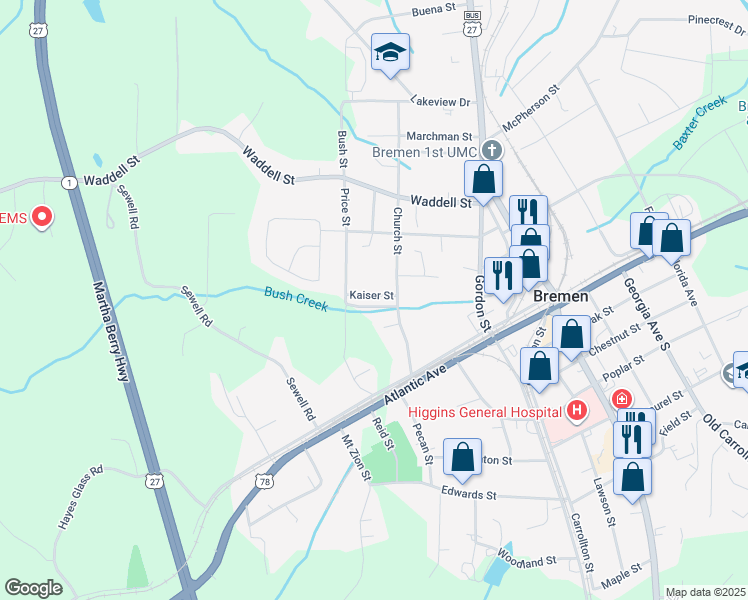 map of restaurants, bars, coffee shops, grocery stores, and more near 119 Kaiser Street in Bremen