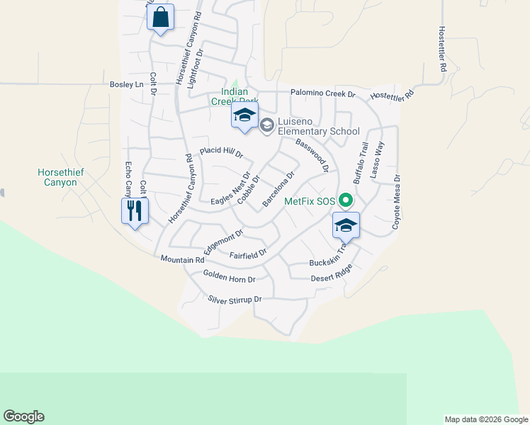 map of restaurants, bars, coffee shops, grocery stores, and more near 27434 Barcelona Drive in Corona