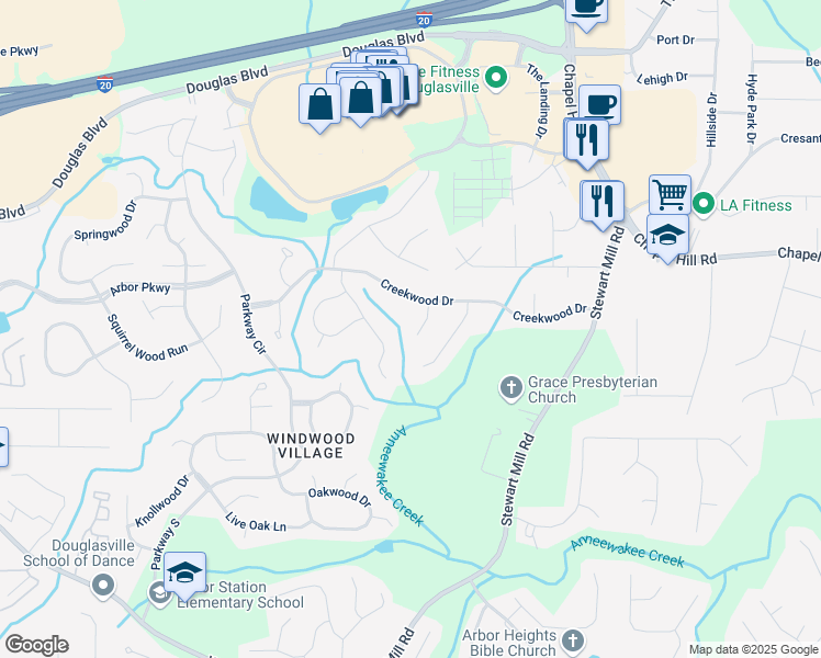 map of restaurants, bars, coffee shops, grocery stores, and more near 8608 Creekview Court in Douglasville