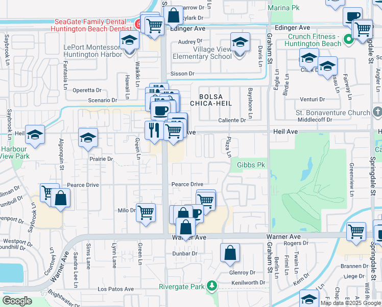 map of restaurants, bars, coffee shops, grocery stores, and more near 16572 Regina Circle in Huntington Beach