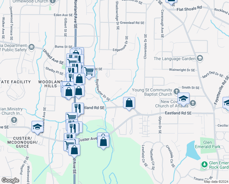 map of restaurants, bars, coffee shops, grocery stores, and more near 2541 Kickerillo Way Southeast in Atlanta