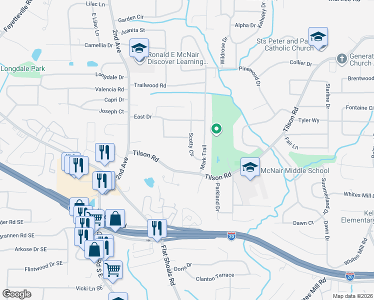 map of restaurants, bars, coffee shops, grocery stores, and more near 2321 Scotty Circle in Decatur