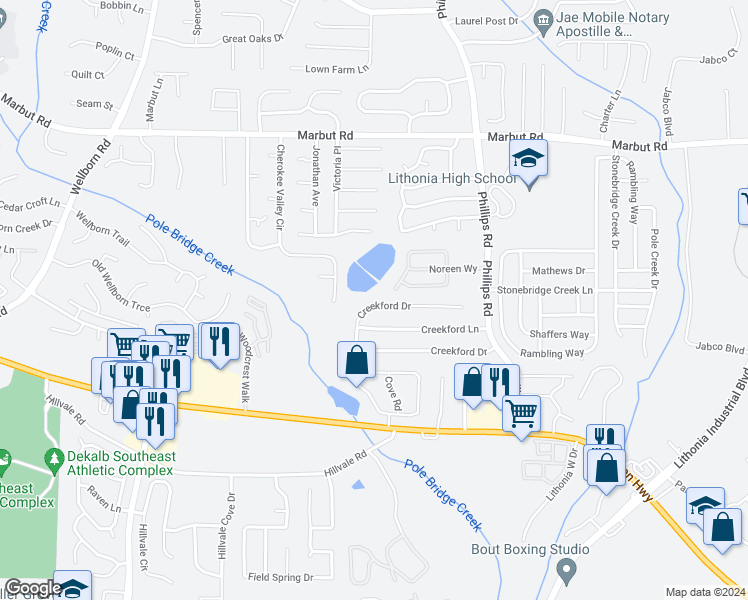 map of restaurants, bars, coffee shops, grocery stores, and more near 6121 Creekford Drive in Lithonia