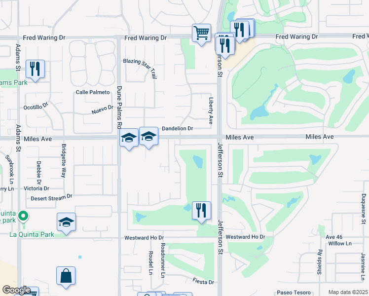 map of restaurants, bars, coffee shops, grocery stores, and more near 79825 Bethpage Avenue in Indio