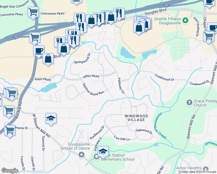 map of restaurants, bars, coffee shops, grocery stores, and more near 9704 Squirrel Wood Run in Douglasville