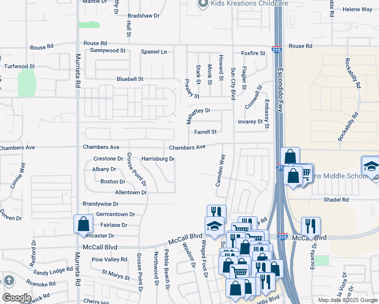 map of restaurants, bars, coffee shops, grocery stores, and more near 26541 Chambers Avenue in Menifee