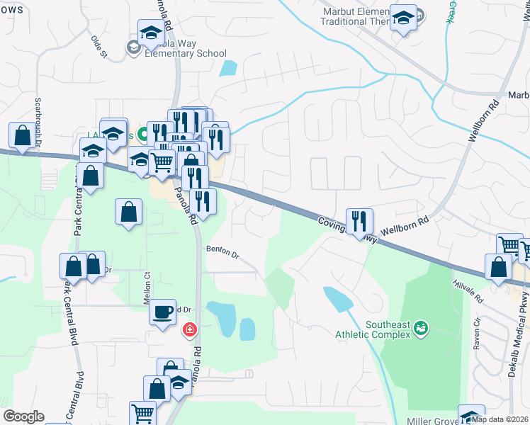 map of restaurants, bars, coffee shops, grocery stores, and more near 2278 Rolling Trail in Lithonia