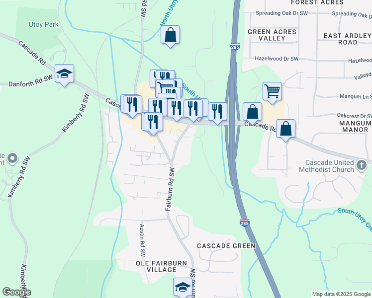 map of restaurants, bars, coffee shops, grocery stores, and more near 1212 Utoy Springs Road Southwest in Atlanta