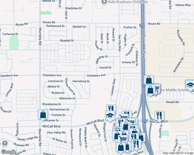 map of restaurants, bars, coffee shops, grocery stores, and more near 26541 Chambers Avenue in Menifee