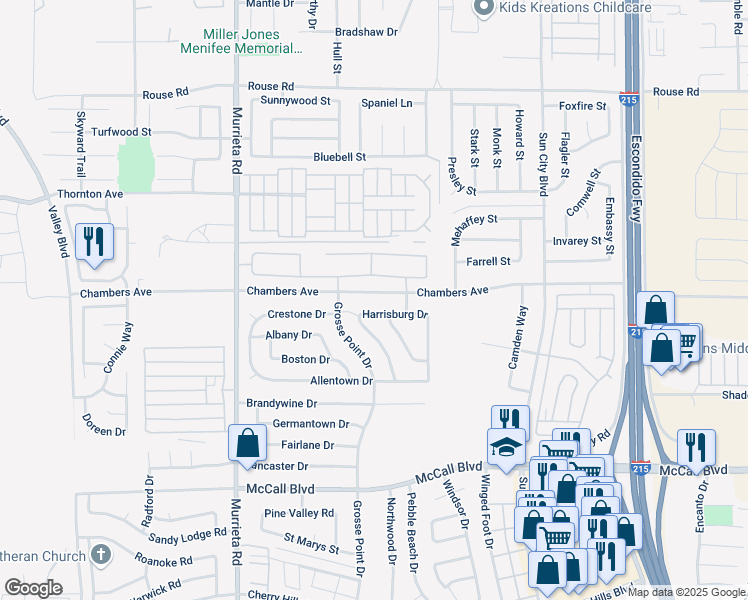 map of restaurants, bars, coffee shops, grocery stores, and more near 26333 Desert Rose Lane in Menifee
