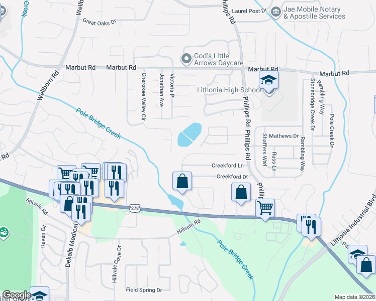 map of restaurants, bars, coffee shops, grocery stores, and more near 6125 Creekford Drive in Lithonia