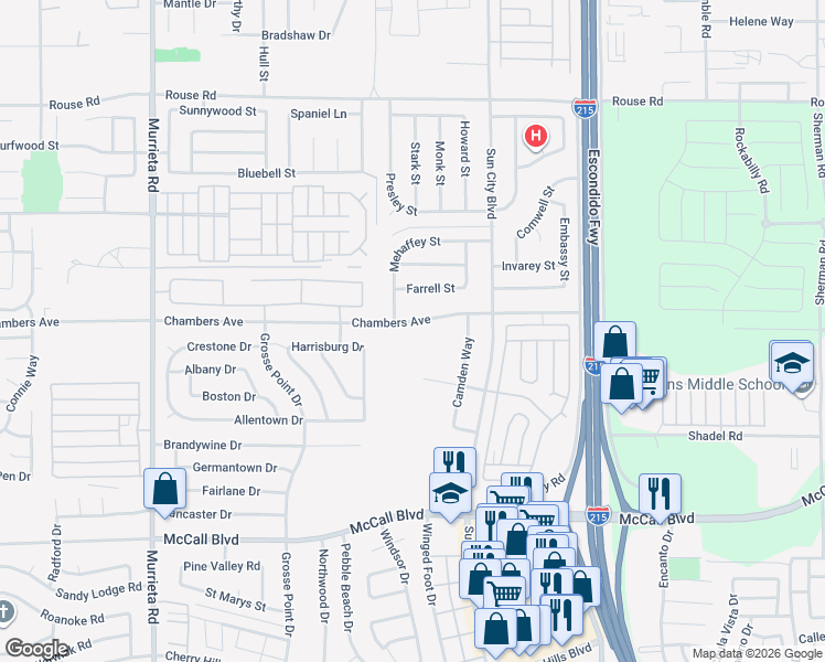 map of restaurants, bars, coffee shops, grocery stores, and more near 26583 Chambers Avenue in Menifee