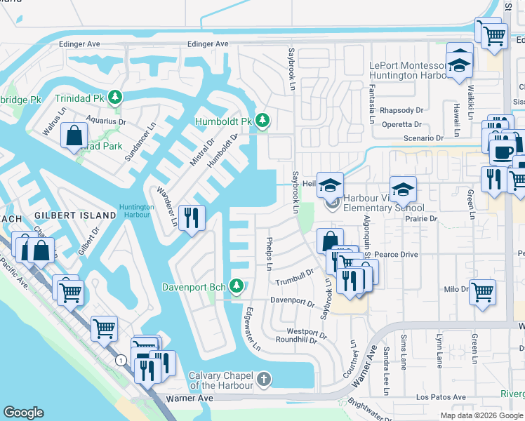 map of restaurants, bars, coffee shops, grocery stores, and more near 4171 Morning Star Drive in Huntington Beach