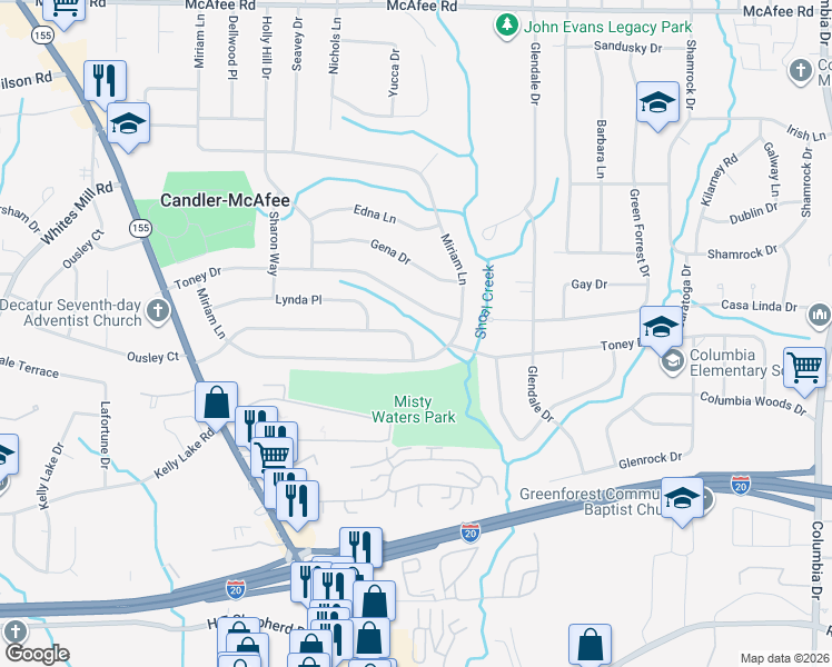 map of restaurants, bars, coffee shops, grocery stores, and more near 2982 Valley Ridge Drive in Decatur
